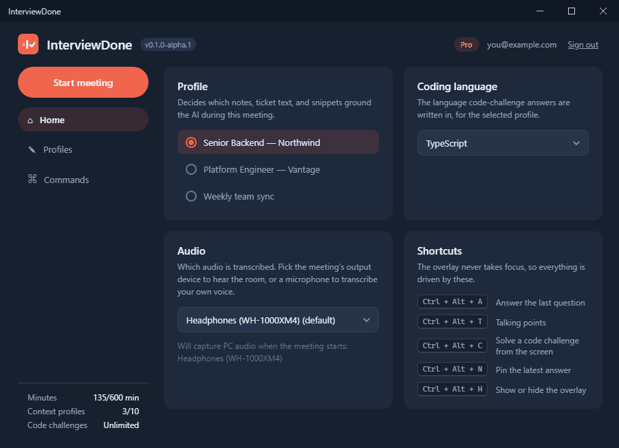 The InterviewDone launcher window: profile selection, audio device selection, and the list of keyboard shortcuts.